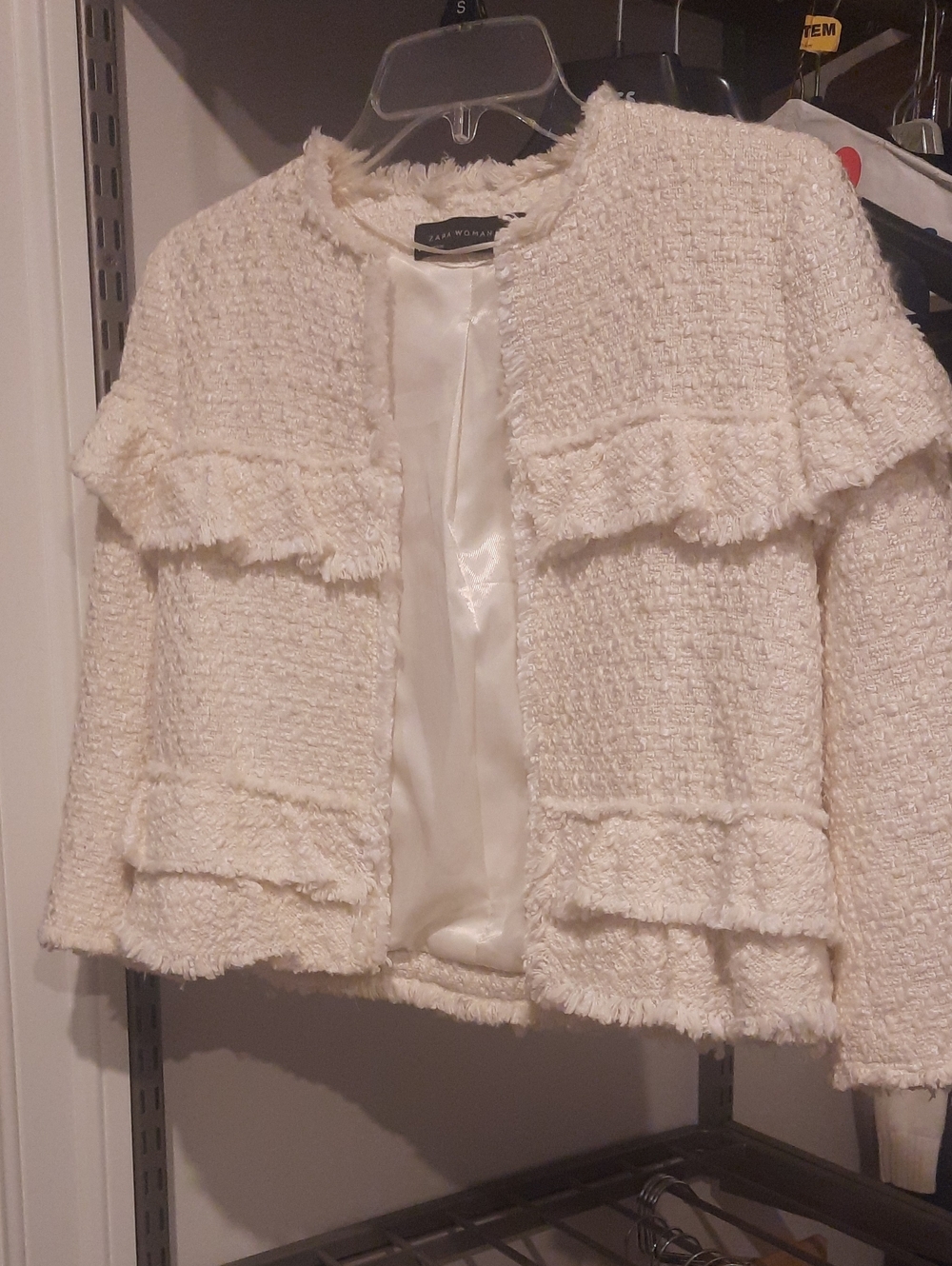 Zara Ivory Fringed Tweed Open-Front Jacket